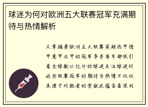 球迷为何对欧洲五大联赛冠军充满期待与热情解析